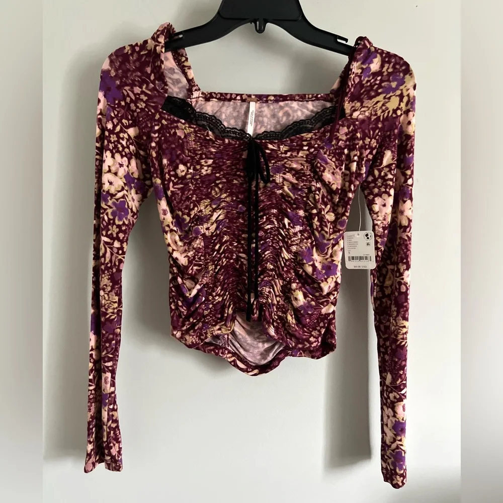 FREE PEOPLE Layer It On Me Top - Size Small - Red Combo Long Sleeve Boho - NWT